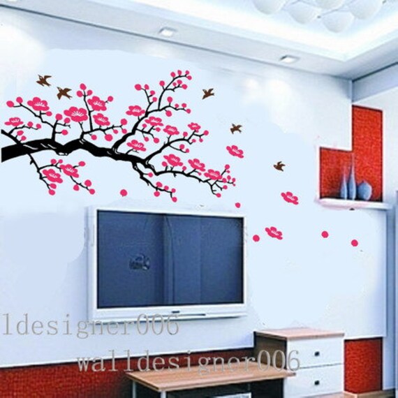 Cherry Blossom Wall Decal Sticker Pink Flower Tree Birds Decor Art