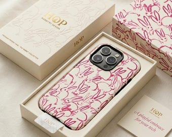 Funda para teléfono con diseño de conejo magenta / Funda resistente con estampado de conejo dibujado a mano / Funda artística con diseño de liebre rosa