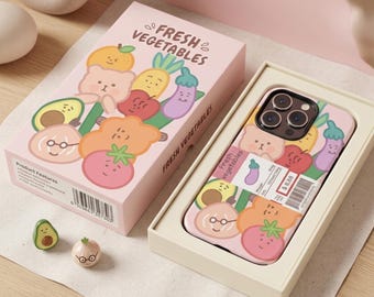 Funda para teléfono con diseño de verduras kawaii / Funda resistente con diseño de comida / Divertido regalo rosa para amantes de la comida