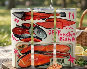 Vaso térmico delgado de 591 ml con diseño de pescado fresco / Taza de viaje con arte de sushi de salmón / Regalo de mercado japonés / Taza sublimada prensada a mano