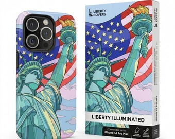 Funda para teléfono con diseño artístico de la Estatua de la Libertad / Funda resistente patriótica para el 4 de julio / Bandera estadounidense, arte de la libertad de Nueva York
