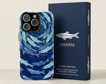 Funda para teléfono con diseño de enjambre de sardinas azules / Funda resistente con diseño de remolino de peces oceánicos / Funda náutica - Regalo de arte marino