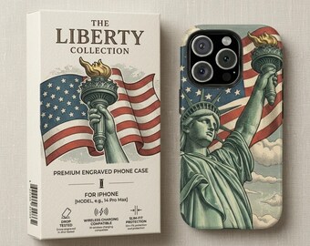 Funda para teléfono con diseño vintage de la Estatua de la Libertad / Regalo patriótico con la bandera estadounidense para el 4 de julio / Funda resistente con diseño retro de la Libertad de Nueva York