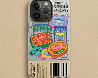 Funda para móvil con diseño de lata de sardinas portuguesas / Regalo retro para amantes de la comida con temática de pescado enlatado / Funda resistente con colorido estilo kitsch mediterráneo