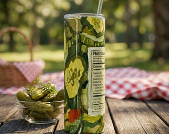 Vaso térmico de 591 ml con diseño artístico de tarro de pepinillos eneldo / Regalo para amantes de los pepinillos / Taza de viaje con etiqueta nutricional divertida / Vaso sublimado prensado a mano