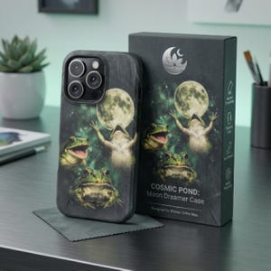 May include: A black phone case featuring a whimsical design of frogs with a full moon and starry background. The case is next to a matching box with the text "COSMIC POND: Moon Dreamer Case". Designed for iPhone 15 Pro Max.