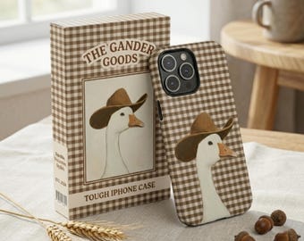 Funda para teléfono con estampado de ganso vaquero / Funda resistente a cuadros vichy marrones / Regalo divertido de ganso estilo granja del oeste para iPhone y Samsung