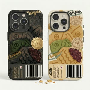 May include: Two smartphone cases featuring a Taiyaki fish-shaped pastry design. One case is black, the other is cream. Both display illustrations of fish cakes, a quality assured seal, a barcode, and text including Fish Cookie and ingredient lists.