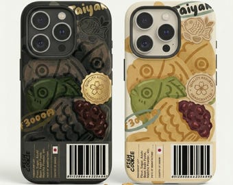 Funda para teléfono con diseño de snack japonés Taiyaki / 2 colores - Cubierta con código de barras de envase de comida / Funda resistente con diseño de galleta de pez Kawaii