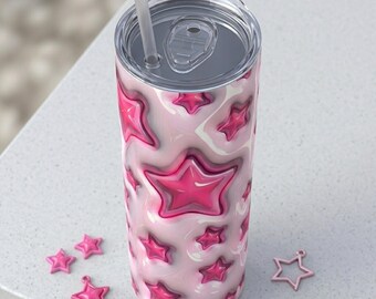 Vaso delgado de 20 oz con ilusión 3D de estrella rosa / Taza de sublimación Y2K Coquette / Taza de viaje femenina con estrella rosa / Regalo para ella