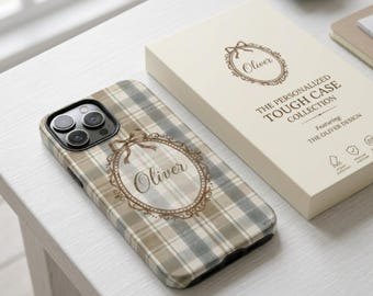 Personalized Plaid Phone Case | Custom Name Neutral Tartan Tough Case | Vintage Bow iPhone & Samsung Gift for Her
