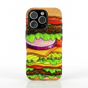 May include: A smartphone case featuring a vibrant, detailed illustration of a multi-layered cheeseburger with sesame seed bun, lettuce, tomato, red onion, cheese, and pickles. The text TECH STACK is printed in small black letters near the bottom.