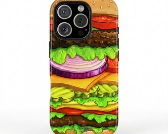 Funda para móvil con diseño de hamburguesa gigante / Funda resistente con diseño realista de hamburguesa para amantes de la comida / Divertido regalo de comida basura para él y para ella.