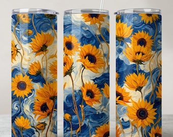 Vaso térmico delgado de 20 oz con diseño de girasol inspirado en Van Gogh / Taza de viaje con diseño de la Noche Estrellada / Taza con estampado floral sublimado, regalo para amantes del arte