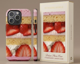 Funda para móvil con diseño realista de tarta de fresa / Funda resistente para amantes de los postres / Regalo de repostería rosa suave para ella