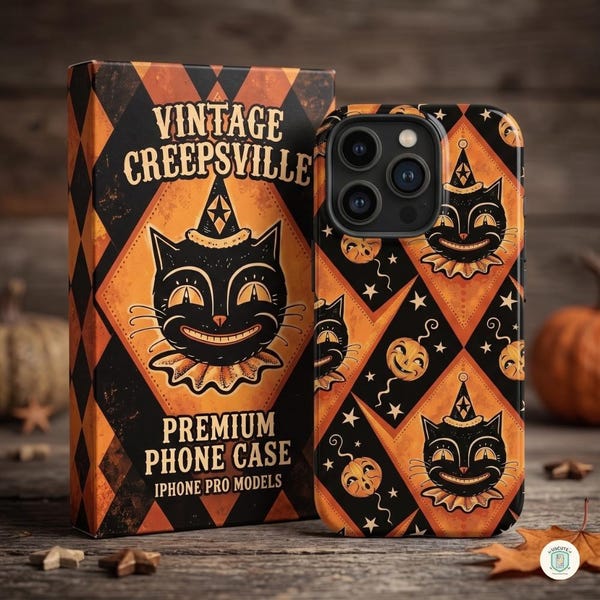 Vintage Halloween Black Cat Phone Case - Retro Mid-Century Modern Jack O' Lantern iPhone Case - Spooky Kitsch Samsung Galaxy Ultra - N0128