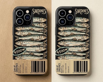 Funda para móvil con diseño de lata de sardinas (2 opciones de color) / Regalo retro para amantes de la gastronomía con temática de pescado enlatado / Funda resistente de estilo mediterráneo kitsch