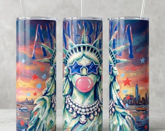 Vaso térmico delgado de 20 oz con diseño de la Estatua de la Libertad estilo Pop Art / Taza de viaje patriótica para el 4 de julio / Taza con estampado sublimado "Orgullo estadounidense"