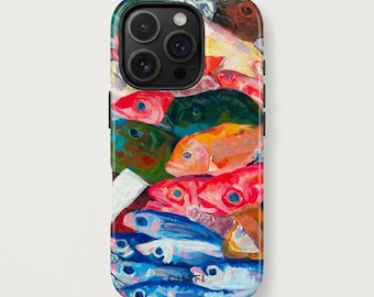Funda para teléfono con vibrantes diseños de peces con técnica de impasto / Funda resistente con colorida pintura al óleo / Funda con diseño de vida marina mediterránea