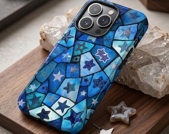 Funda para teléfono con estrellas de vidrieras de mosaico azul / Funda resistente de arte celestial - Regalo mágico del cielo nocturno