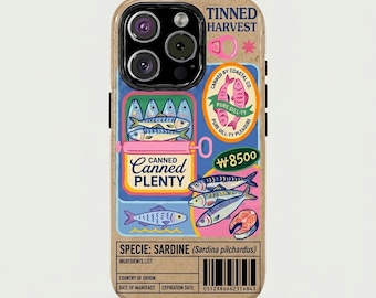 Funda para teléfono con estampado de pescado enlatado / Funda resistente estilo retro con estampado de sardinas enlatadas / Funda kitsch para amantes de la comida