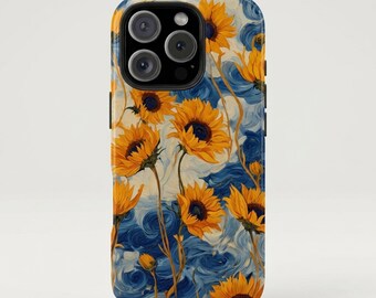 Funda para móvil estilo girasol de Van Gogh / Funda resistente con remolino azul de pintura al óleo impresionista / Regalo artístico para ella