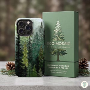 May include: An iPhone 15 Pro Max phone case featuring a green stained glass forest pattern, displayed next to its matching green packaging box labeled ECO-MOSAIC STAINED GLASS FOREST COLLECTION and SUSTAINABLE PHONE CASE FOR IPHONE 15 PRO MAX.