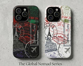 Funda para móvil con sello de pasaporte de viajero del mundo / Funda resistente con estampado de ciudades globales / Regalo de viaje para ella y para él