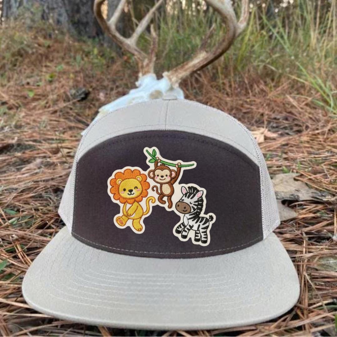 Cute Jungle Animals Embroidered Patch Hat – Lion, Monkey & Zebra Design ...