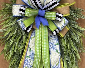 Blue Hydrangea Wreath Bow | Green Gingham, Lime Green Linen Trimmed Burlap, Black Scallop