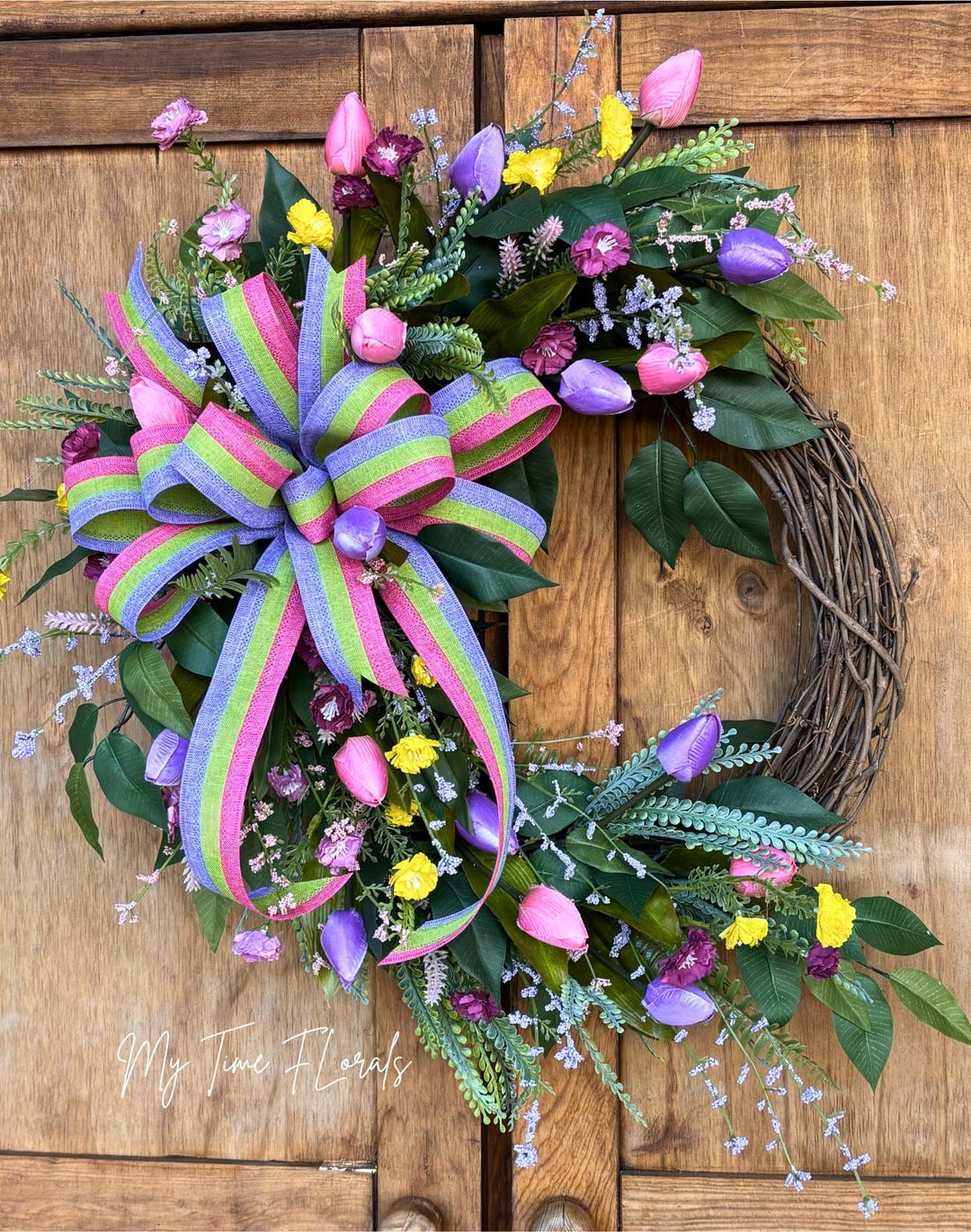 Spring Tulip Wreath, Pink Purple Lime Bow, Easter Door Decor - Etsy