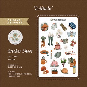 May include: A sticker sheet titled "Solitude" with various kiss-cut illustrations. The sheet measures 3.875 inches by 6 inches and features images of plants, flowers, a snail, a mushroom, and a woman. The stickers are designed for planners, notebooks, and journals.