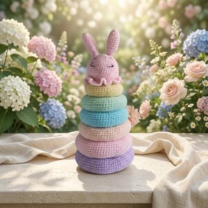 Kaninstapelleksak Virkmönster PDF, Amigurumi Kaninstaplare, Montessori Baby Learning Leksak, Barnkammardekor, Gåva