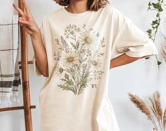 Maglietta Boho con fiori selvatici, maglietta botanica retrò, top floreale in stile cottagecore, maglietta vintage per mamme amanti della natura, regalo a tema giardino Comfort Colors