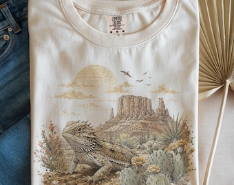 Maglietta retrò con drago barbuto del sud-ovest, maglietta con cactus del deserto e tema natura, maglietta vintage con rettili del selvaggio West, regalo a tema animali Comfort Colors