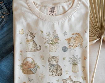 Maglietta Boho Cat Mom, maglietta con grafica di un dolce gattino, maglietta felina retrò, top stravagante in stile cottagecore, colori comodi ed estetici, regalo accogliente per lei