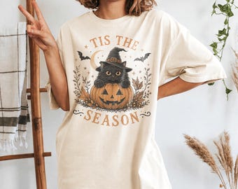 Maglietta retrò con gatto nero di Halloween, maglietta autunnale con zucca spettrale, maglietta "Tis The Season", regalo Comfort Colors Boo Crew