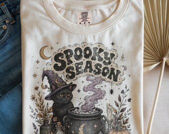 Maglietta con gatto strega di Halloween, divertente maglietta con gatto mago, maglietta horror con gattino nero, maglietta vintage per la stagione spettrale, colori comodi, regalo autunnale