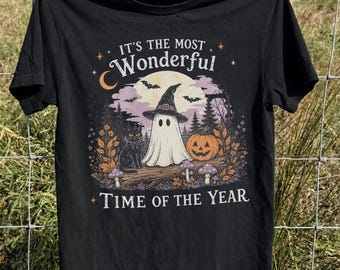 Maglietta retrò a tema Halloween, con simpatico gattino fantasma, maglietta autunnale di Halloween, colori comodi, regalo horror autunnale