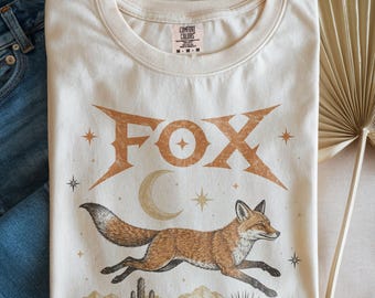 Maglietta Retro Desert Fox, Maglietta Celestial Boho Coyote, Maglietta Vintage Estetica con Animali Selvatici, Comfort Colors Western Animal Gift
