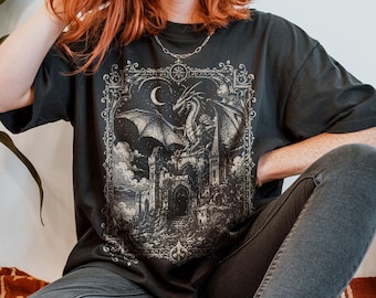 90s Mystical Dragon Art Shirt, Fantasy Dragon Comfort Colors T-Shirt, Gothic Medieval Shirt, Castlecore Book Lover Gift for Fantasy Reader