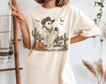 Maglietta "Howdy Spooky Ghost", maglietta retrò western country per Halloween, maglietta con grafica di un simpatico stivale da caffè, colori comodi, regalo autunnale