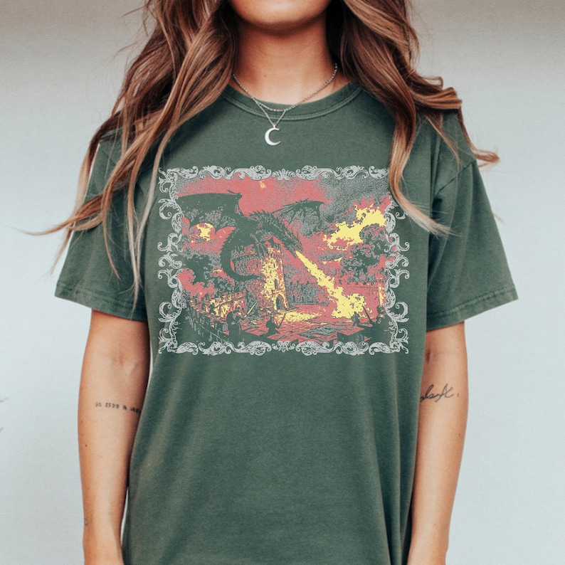 Medieval Shirt, Vintage Dragon Tshirt, Weirdcore Renaissance Graphic Tee, Bookish Shirt, Comfort Colors Unisex, For Book lover gift Blue Spruce