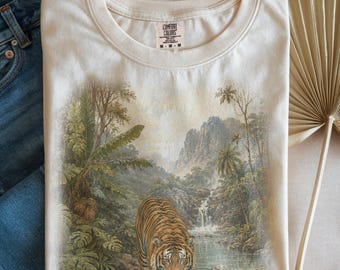 Maglietta vintage con tigre, t-shirt con estetica tropicale fluviale, top safari anni '90 retrò, regalo a tema natura selvaggia con colori comodi