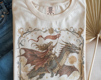 T-shirt retrò con cavaliere di drago, maglietta fantasy a tema libri, t-shirt grafica gotica medievale, regalo per il club del libro Comfort Colors