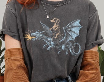 Doxie Riding Dragon TShirt, Funny Medieval Dragon Shirt, Vintage Dachshund Aesthetic Tee, Comfort Colors Cute Fantasy Animal Lover Gift