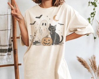 Maglietta vintage con gatto nero per Halloween, maglietta con grafica di fantasma e zucca, top retrò per la stagione spettrale, regalo autunnale da strega dai colori comodi