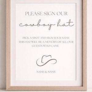 May include: Framed sign with the text "PLEASE SIGN OUR cowboy hat". The sign includes the text "PICK A SPOT AND SIGN YOUR NAME THIS HAT WILL BE A MEMORY OF ALL OUR GUESTS WHO CAME" and a cowboy hat graphic. The bottom of the sign reads "NAME & NAME".
