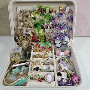 Könnte beinhalten: Eine offene Schmuckschatulle mit verschiedenen Halsketten, Ohrringen, Ringen und Armbändern. Der Schmuck weist verschiedene Designs auf, darunter Blumen-, Cameo- und Insektenmotive. Farben sind Gold, Grün, Rosa, Lila und Blau. Maße in Zentimetern.