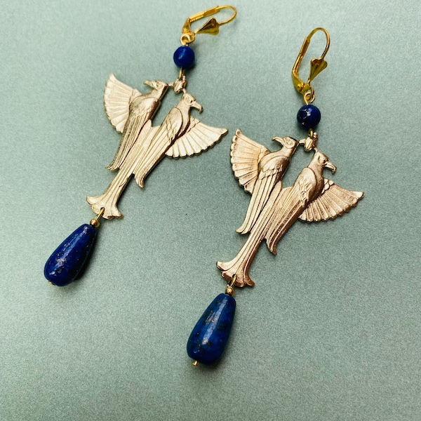 Egyptian Falcon Earrings With Lapis